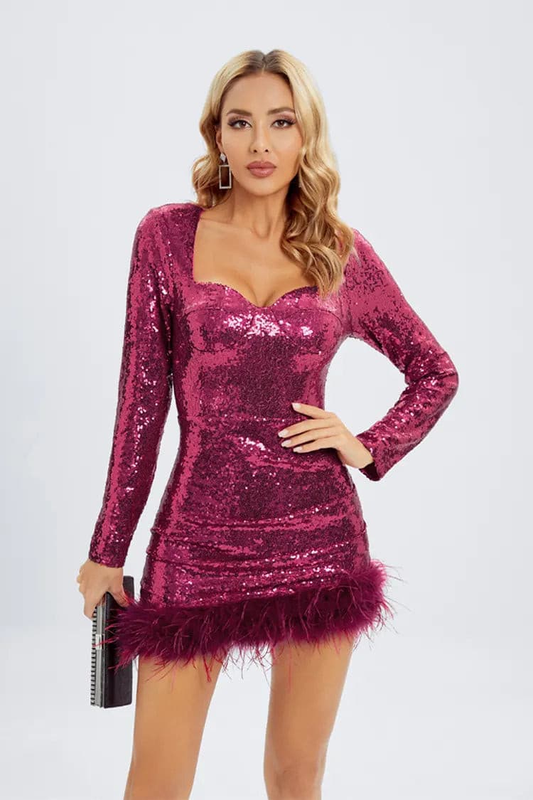 Oakley Pink Feather Sequin Mini Dress